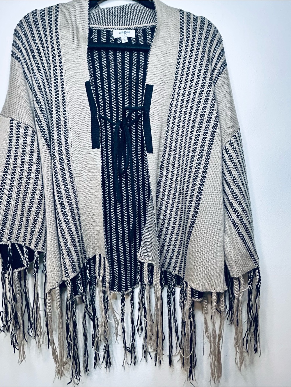 Umgee Black & Cream Striped Fringe Knit Poncho